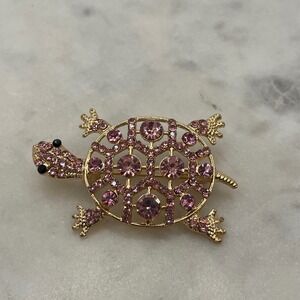 Rhinestone Turtle Brooch Pin Gold Tone Pink Crystal Animal Whimsical New Jewelry